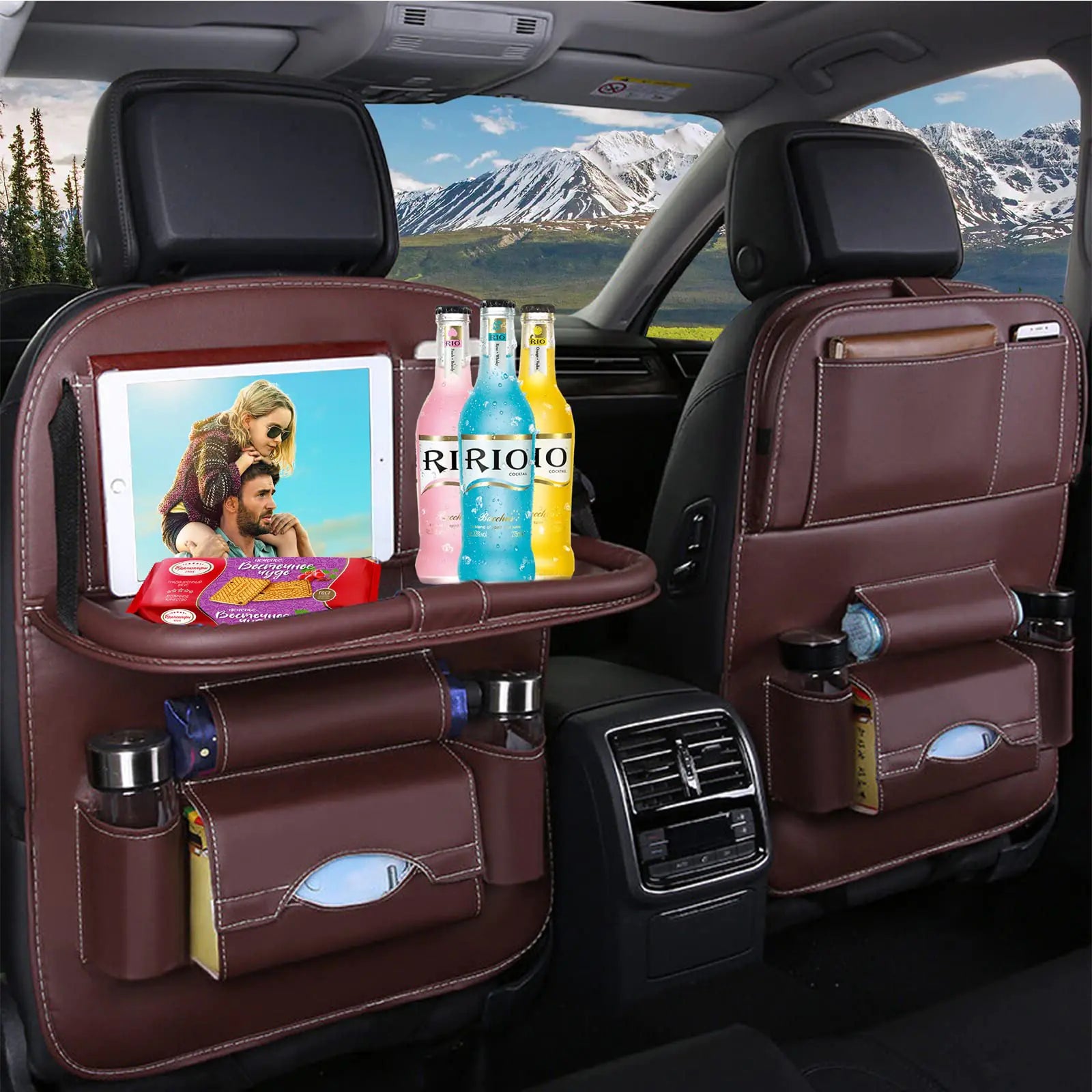 RideSmart PU Leather Car Seat Organizer with Table Tray