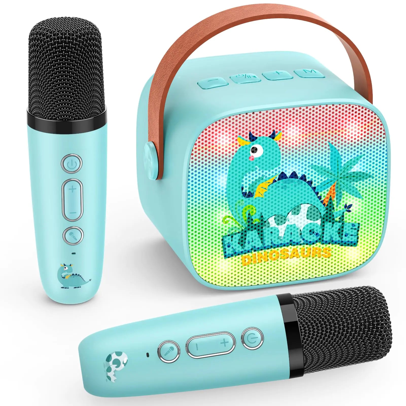 Children's microphone and speaker set with dinosaur design on a white background