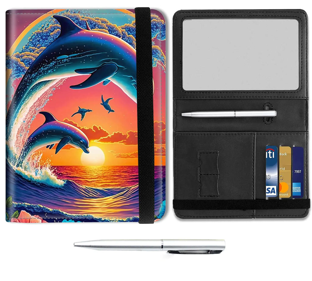 Passport and Vaccine Card Holder Combo Leather Travel Wallet Passport Holder Cover Case with CDC Vaccination Card Slot Travel Documents Organizer Protector for Men WomenDolphins in The Sunset